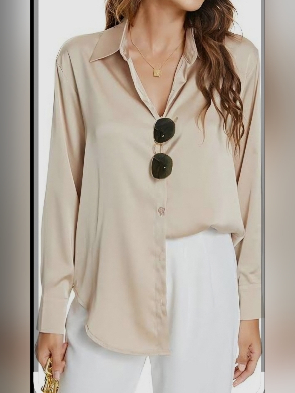 Zara Satin Button-Down Long Sleeve Oversize Sz M  Shirt Sheen Beige Blouse